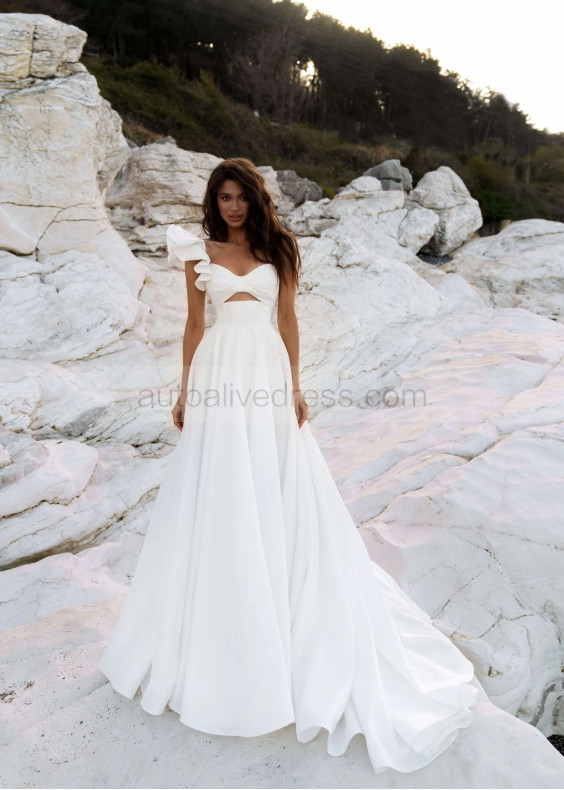 White Satin Open Back Asymmetrical Wedding Dress